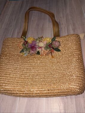 Woven Straw-Style Tote with Floral Accent in Tan